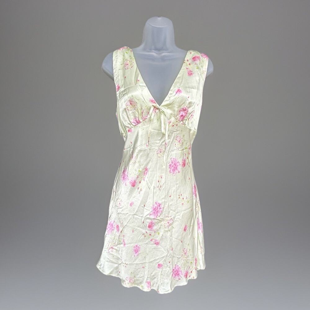 ASOS Satin Mini Slip Dress Sz 8-10 V-Neck Lemon & Pink Floral Romantic Coquette
